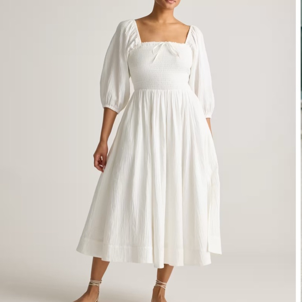 Quince White Puff Sleeve Smocked Bodice Midi Dress – Size M